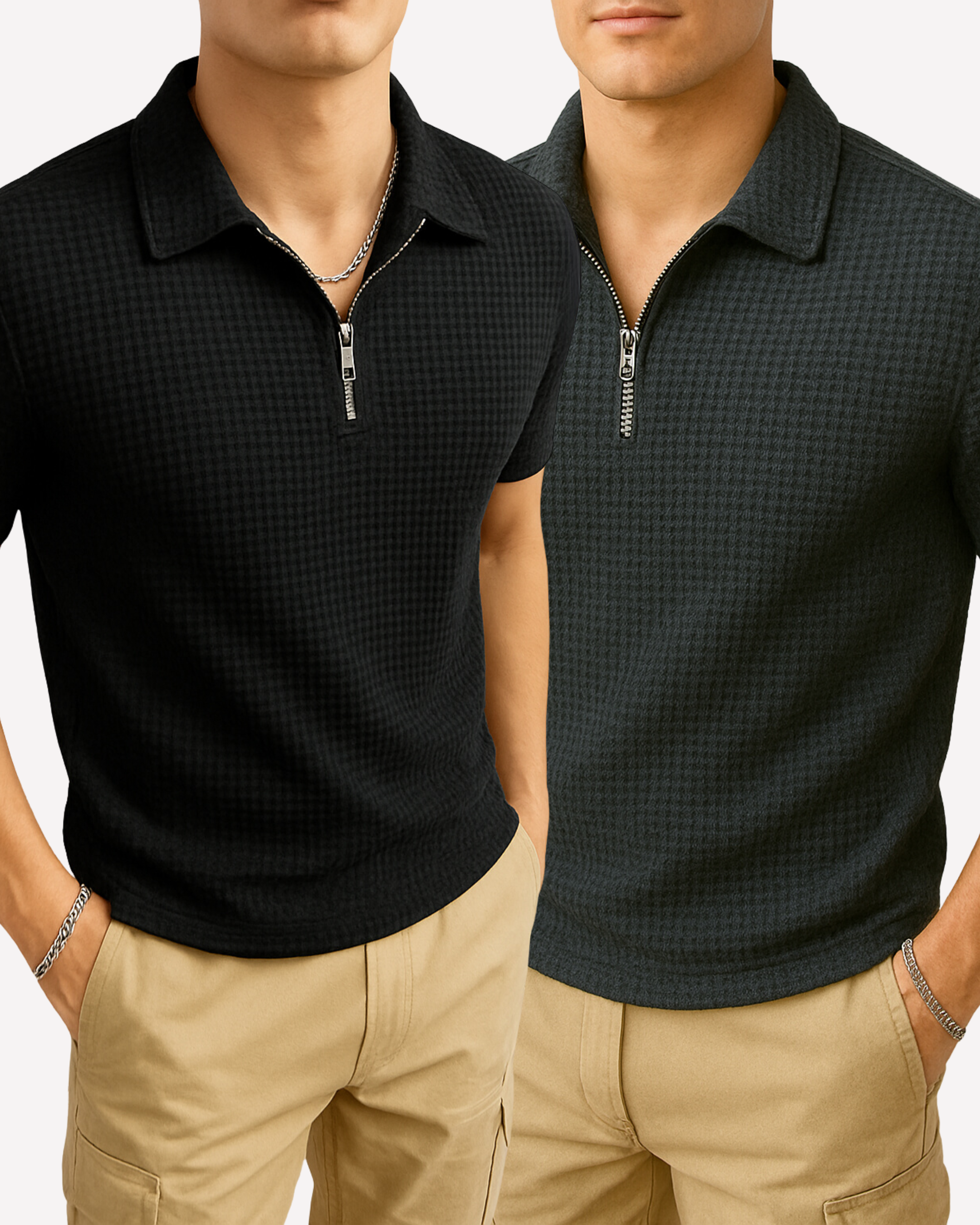 Pack of 2 – Waffle Knit Zipper Polo - Black and Charcoal