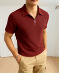 Waffle Knit Zipper Polo T-Shirt - Maroon