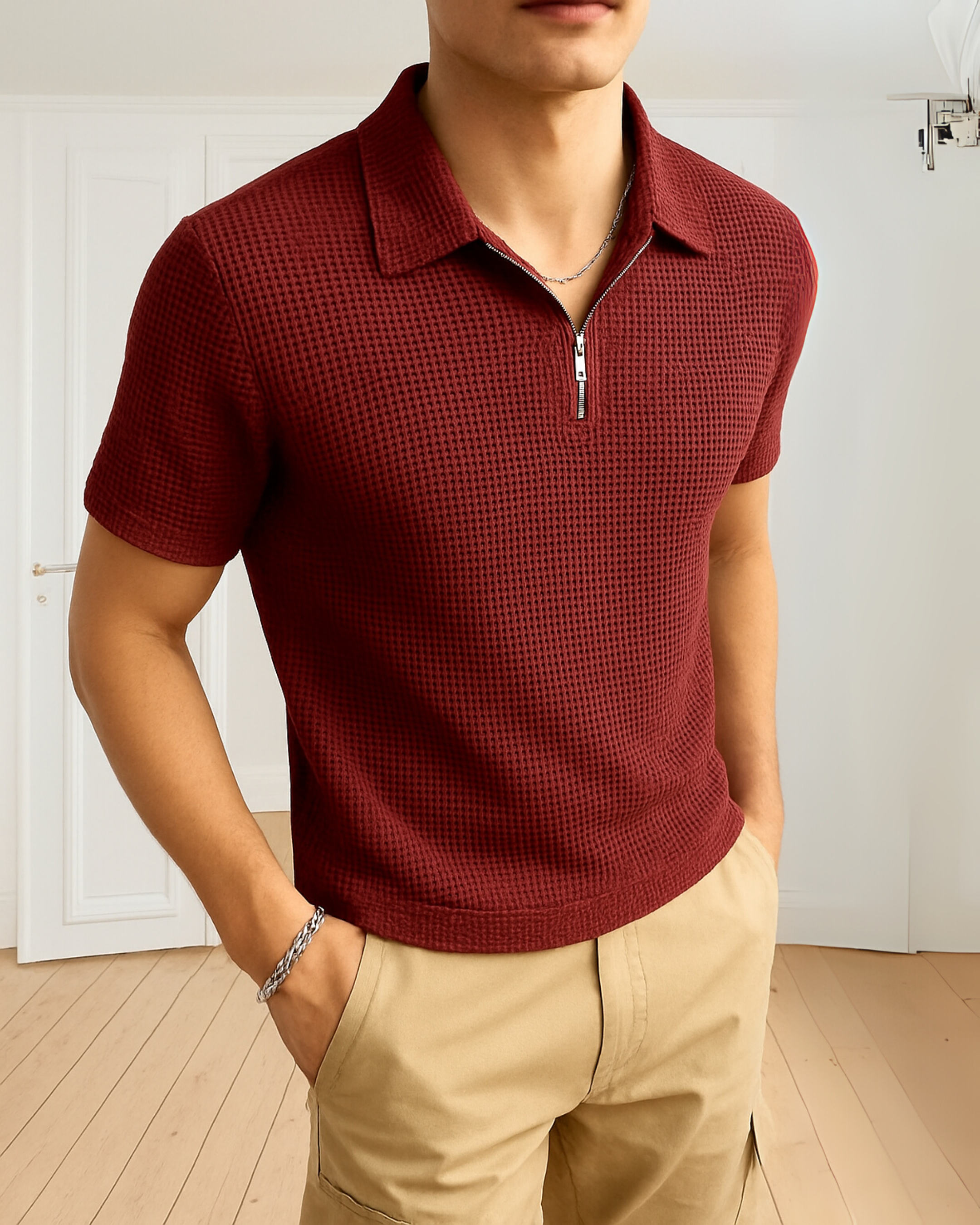 Waffle Knit Zipper Polo T-Shirt - Maroon