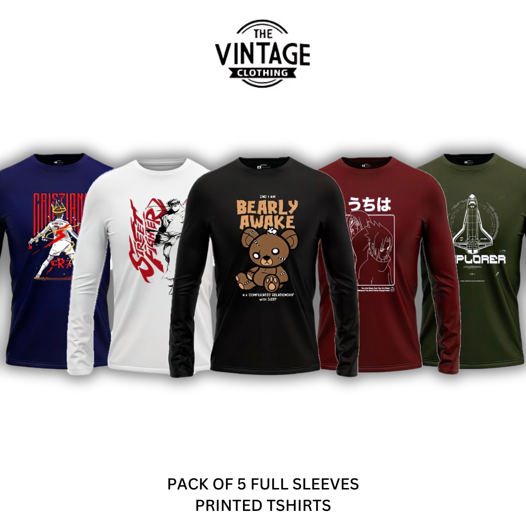 Pack of 5 Round Neck Full Sleeves Printed T-shirts