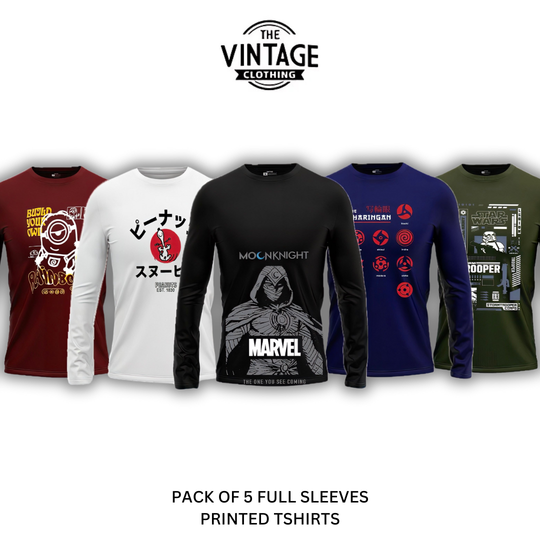 Pack of 5 Round Neck Full Sleeves Printed T-shirts