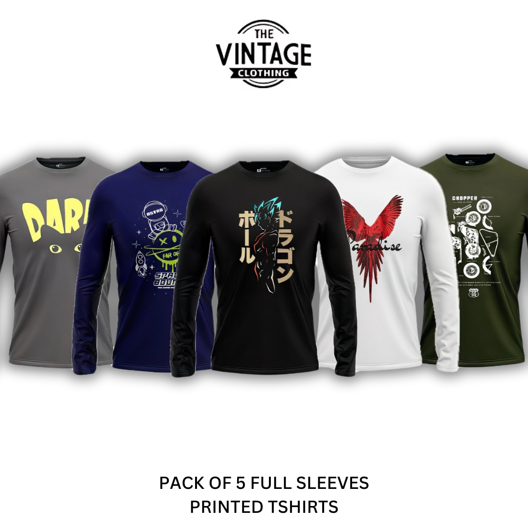Pack of 5 Round Neck Full Sleeves Printed T-shirts
