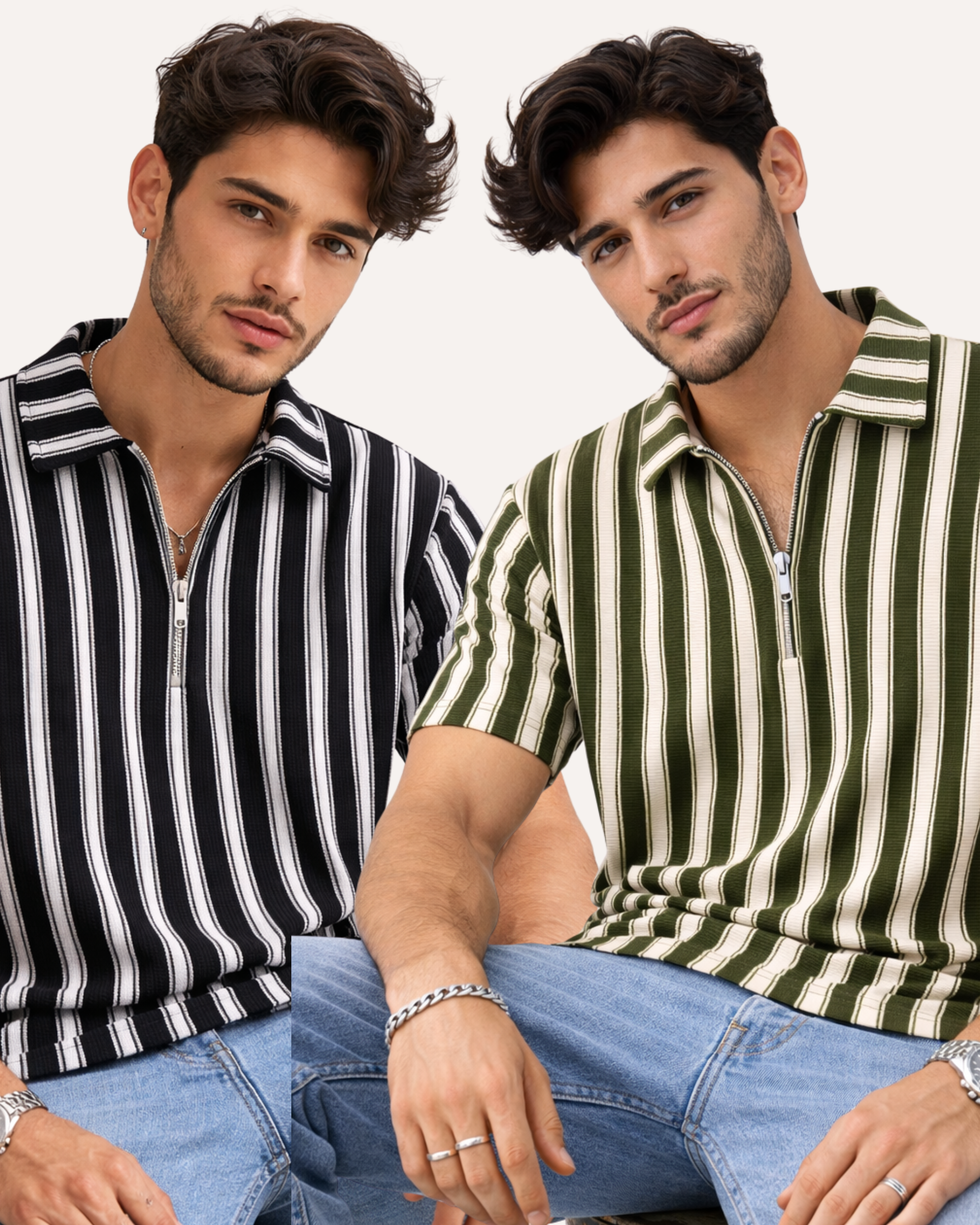 Pack of 2 - Waffle Knit Dual Stripe Zip Polo Shirt