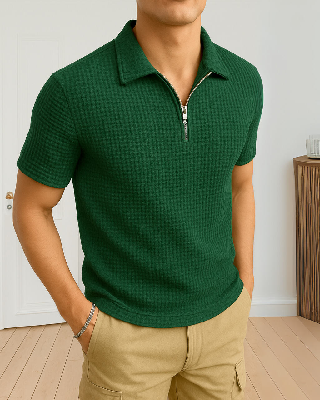 Waffle Knit Zipper Polo T-Shirt - Green