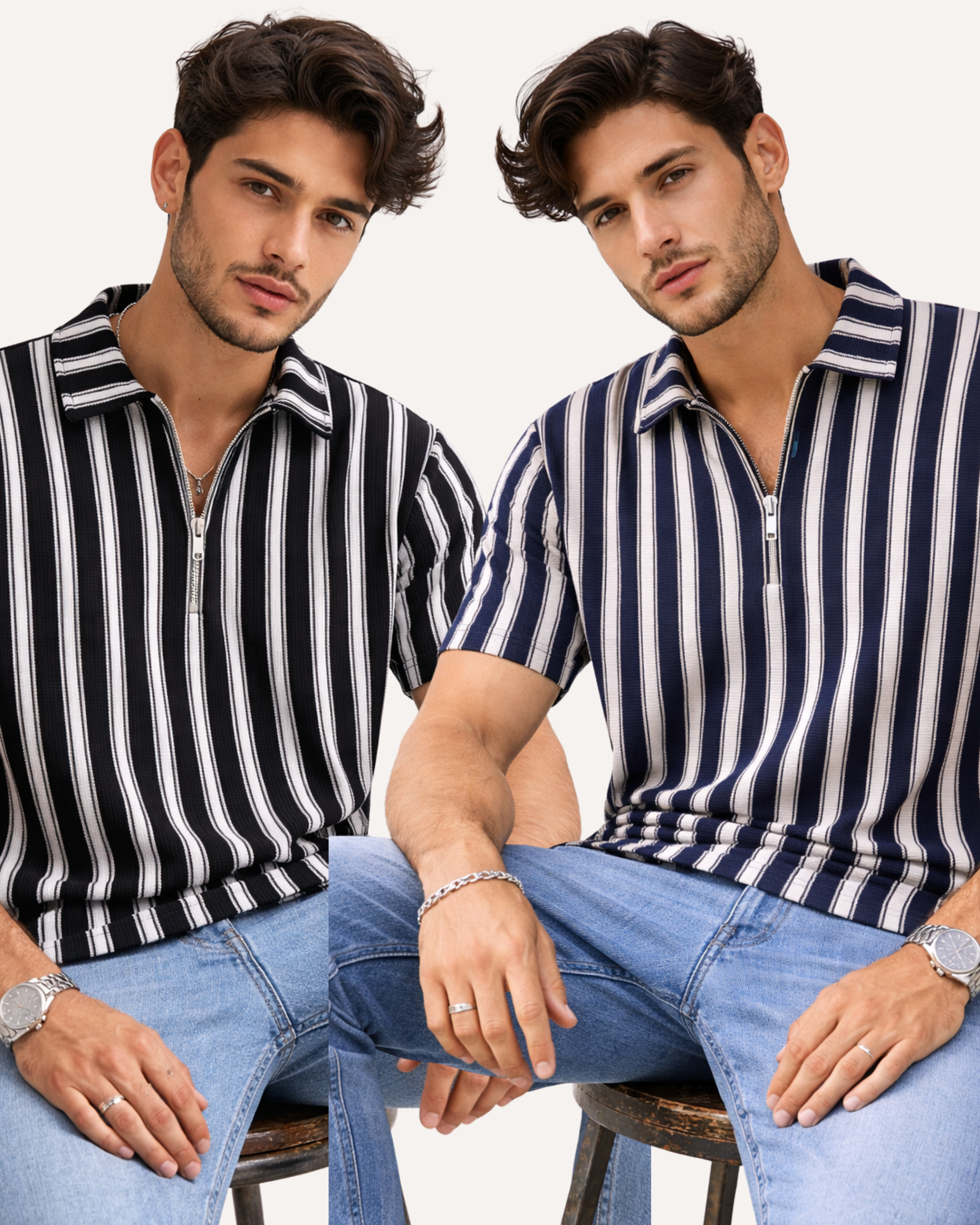 Pack of 2 - Waffle Knit Dual Stripe Zip Polo Shirt