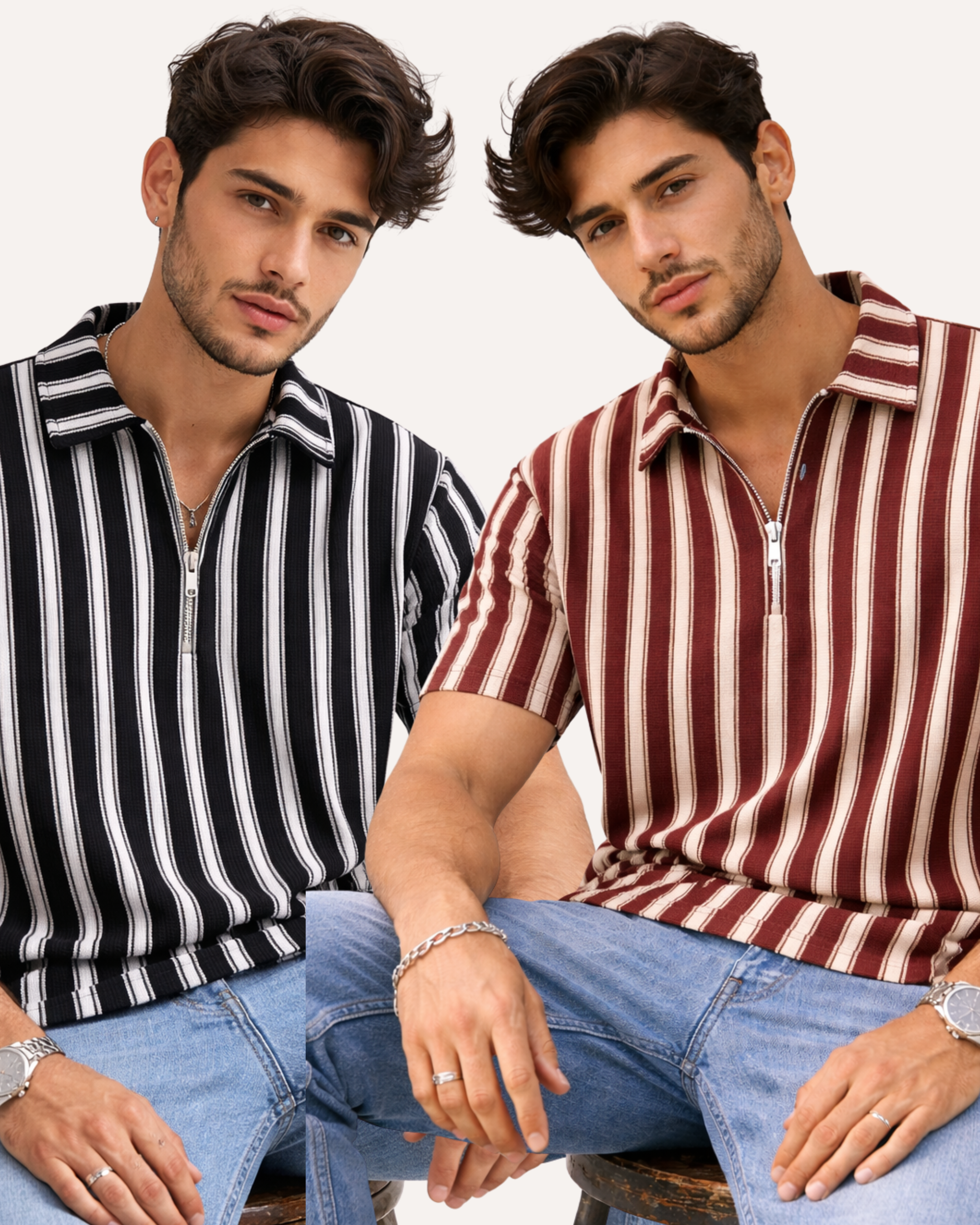 Pack of 2 - Waffle Knit Dual Stripe Zip Polo Shirt