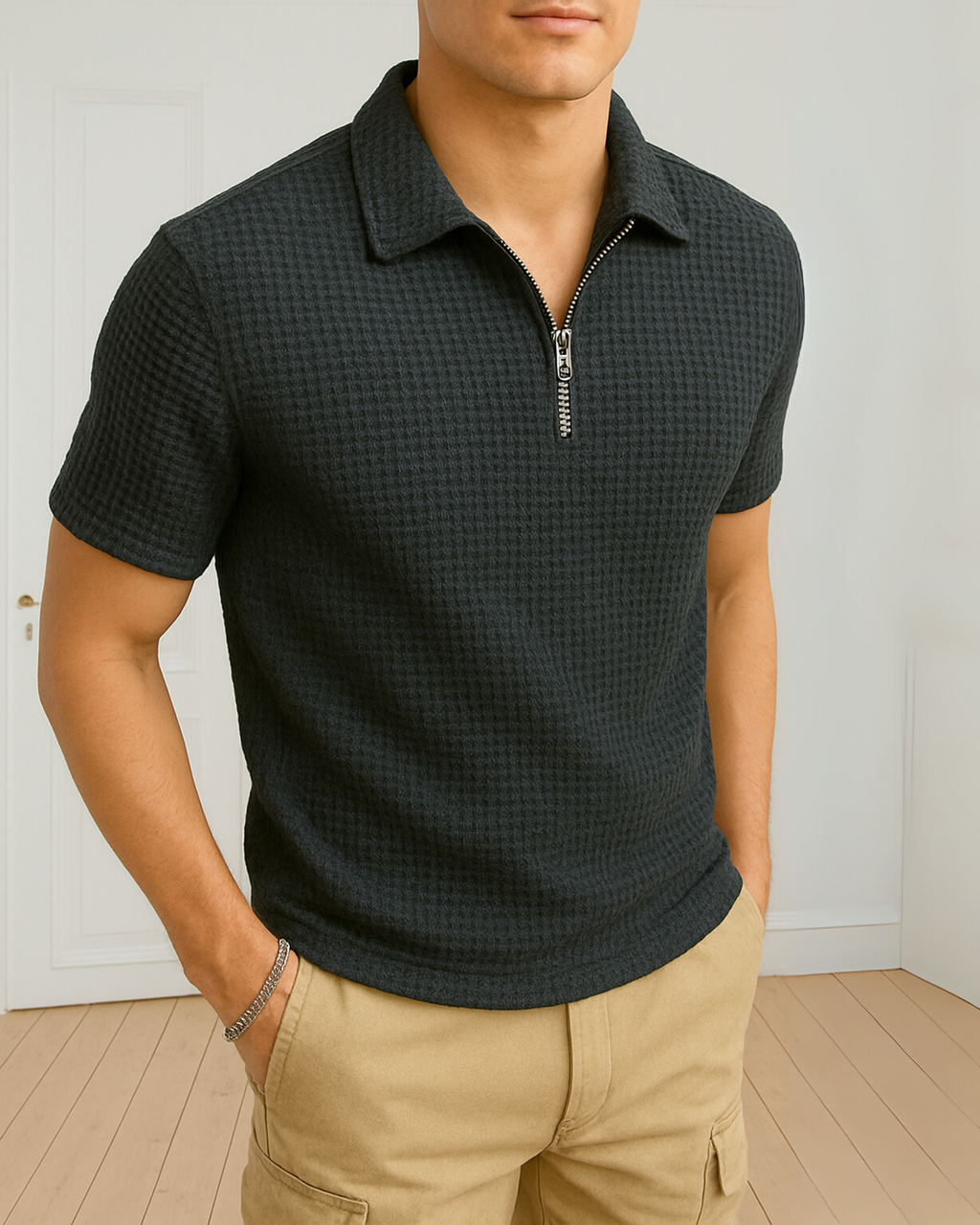 Waffle Knit Zipper Polo T-Shirt - Charcoal