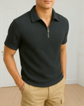 Waffle Knit Zipper Polo T-Shirt - Charcoal