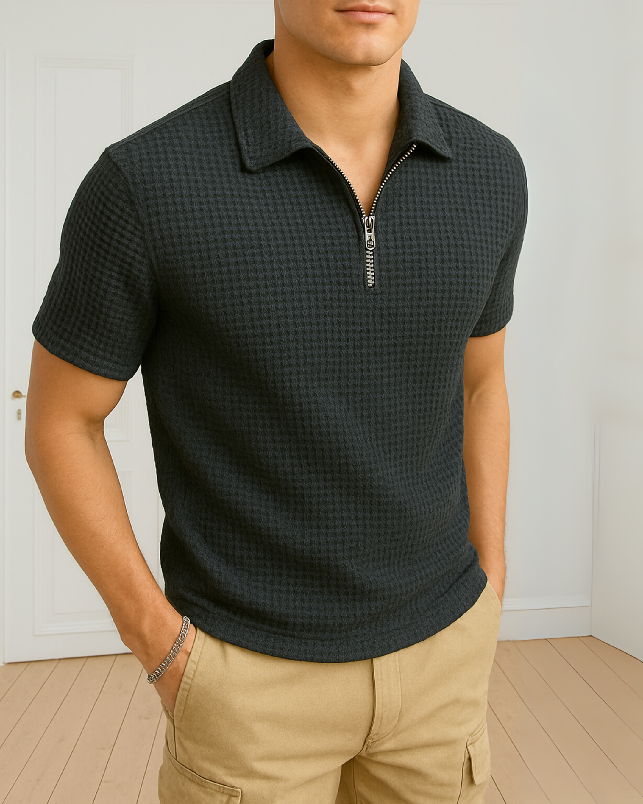 Waffle Knit Zipper Polo T-Shirt - Charcoal