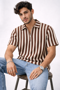 Waffle Knit Dual Stripe Zip Polo Shirt
