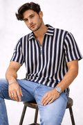 Waffle Knit Dual Stripe Zip Polo Shirt