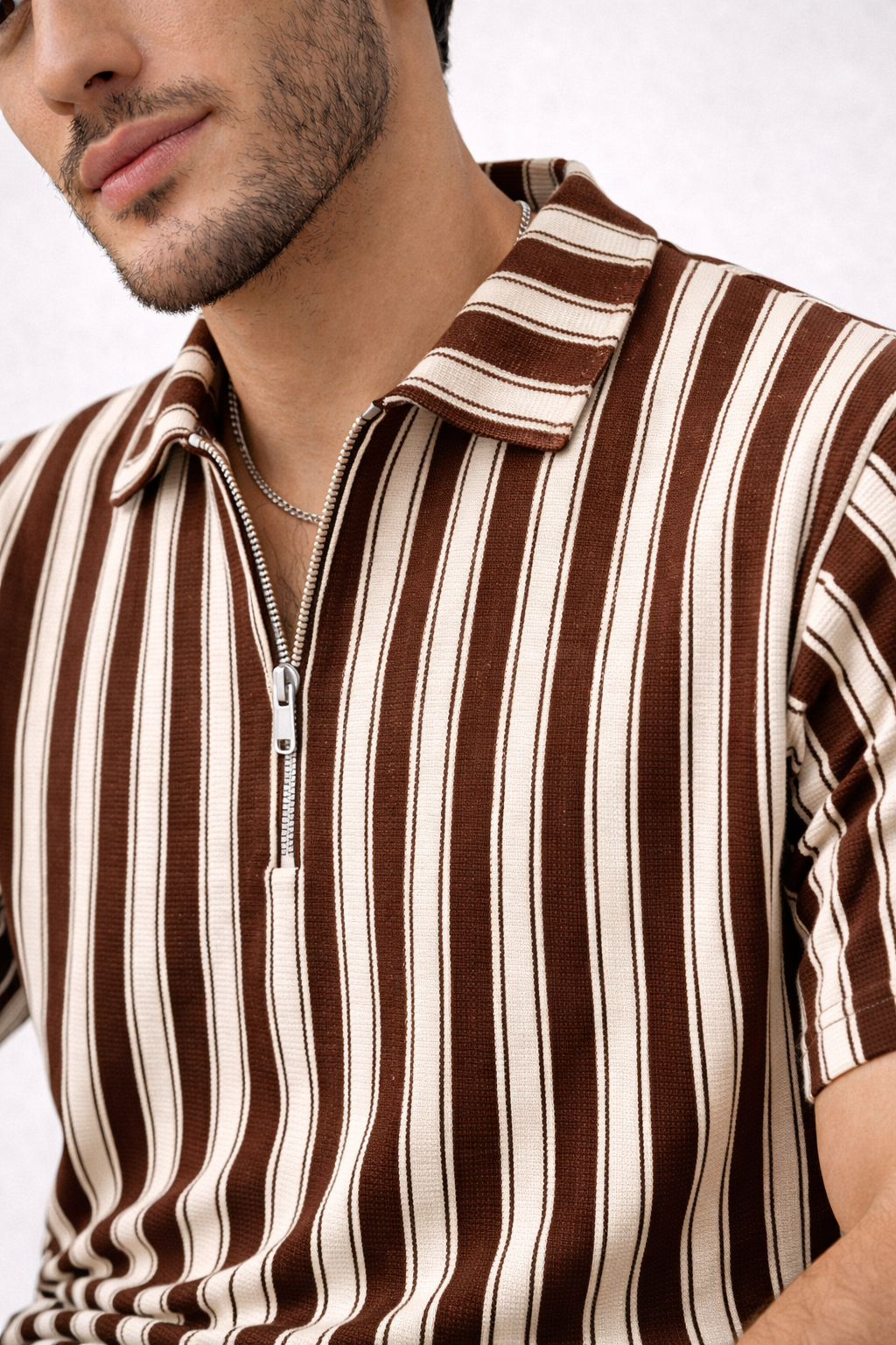 Waffle Knit Dual Stripe Zip Polo Shirt