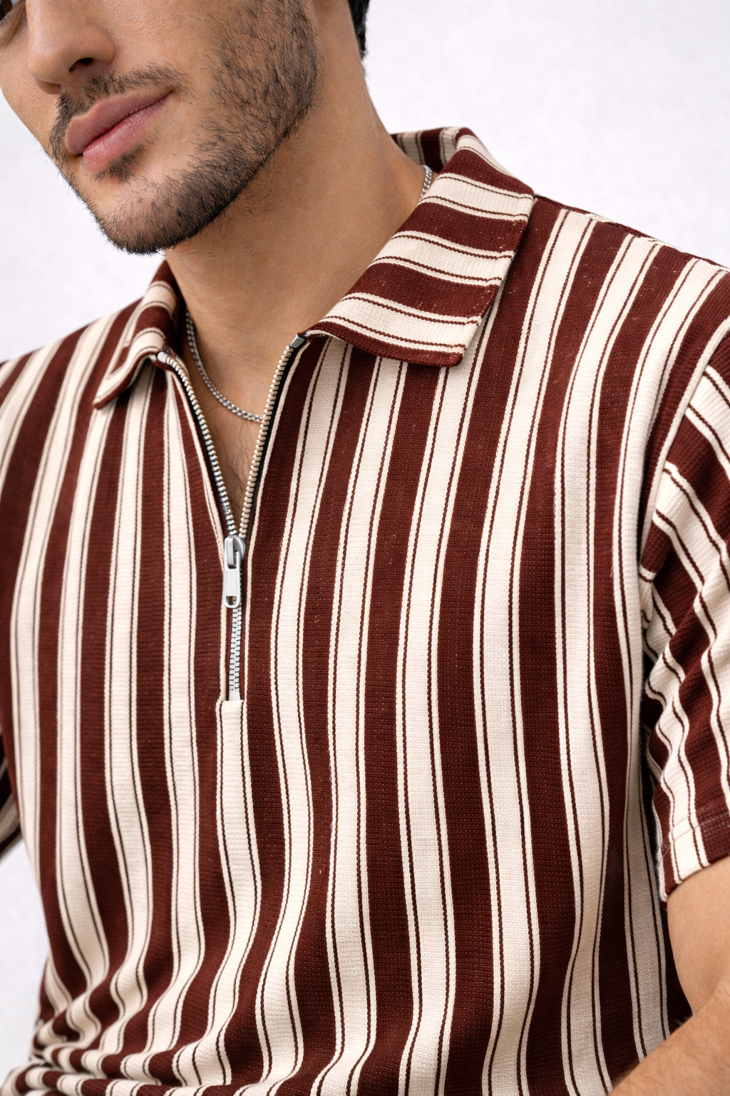 Waffle Knit Dual Stripe Zip Polo Shirt