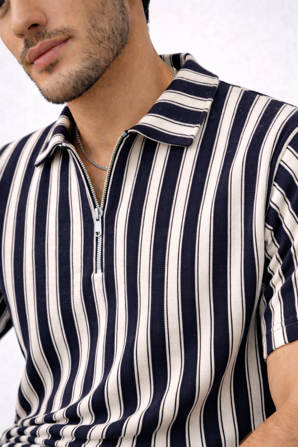 Waffle Knit Dual Stripe Zip Polo Shirt