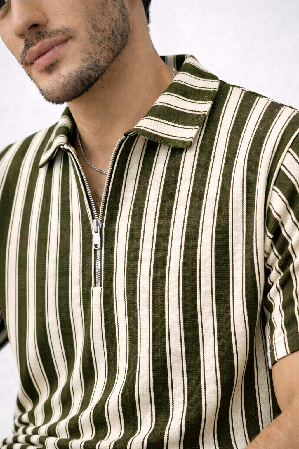 Waffle Knit Dual Stripe Zip Polo Shirt