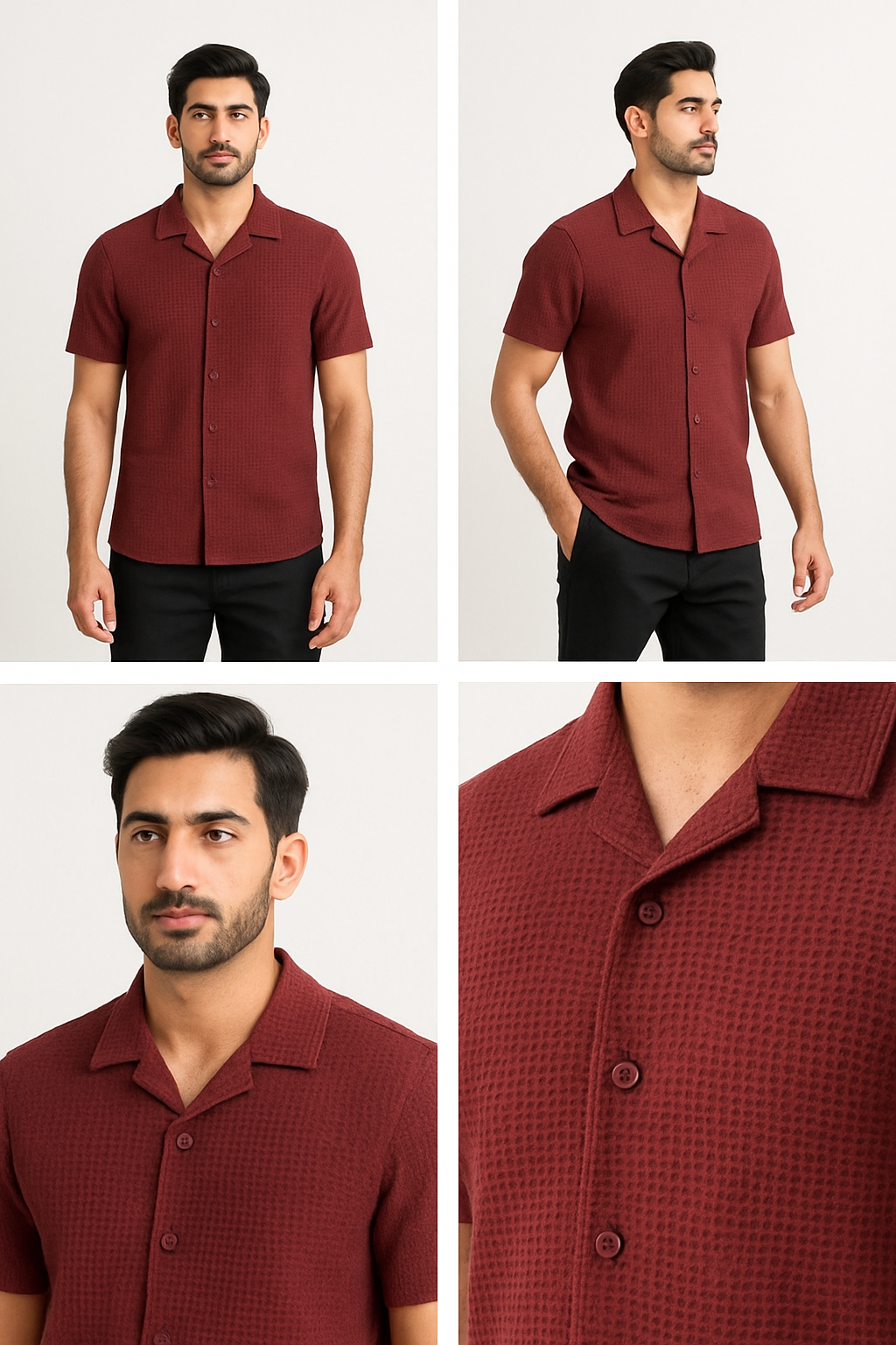 Maroon Waffle Knit Cuban Collar Shirt for Men