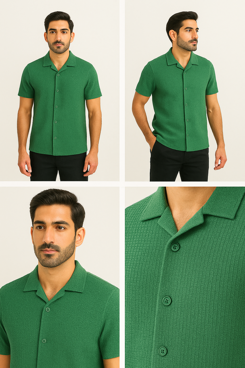 Green Waffle Knit Cuban Collar Shirt for Men