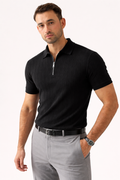 Black - Drop Needle Zipper Polo