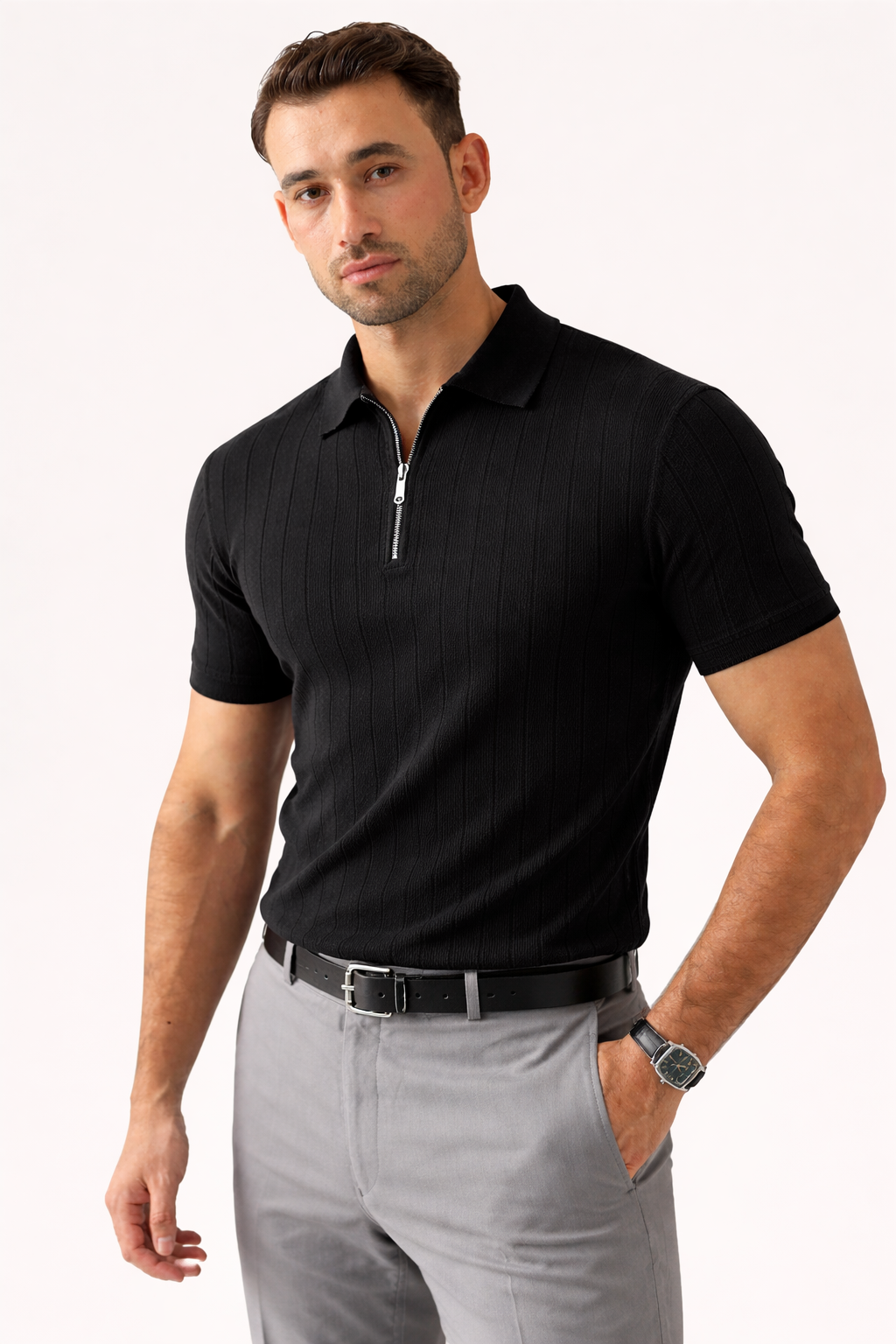 Black - Drop Needle Zipper Polo