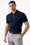 Navy Blue - Drop Needle Zipper Polo