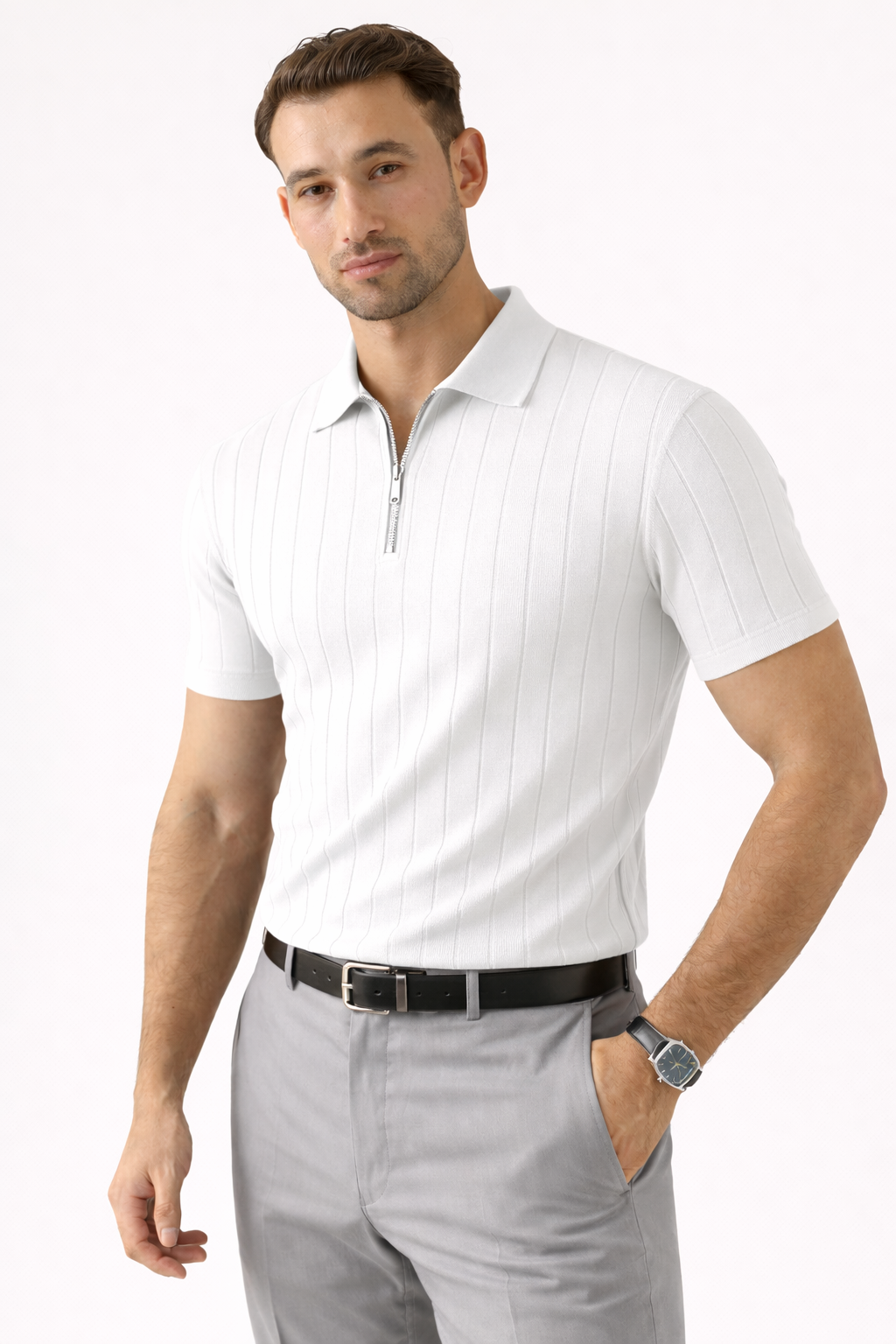 White - Drop Needle Zipper Polo