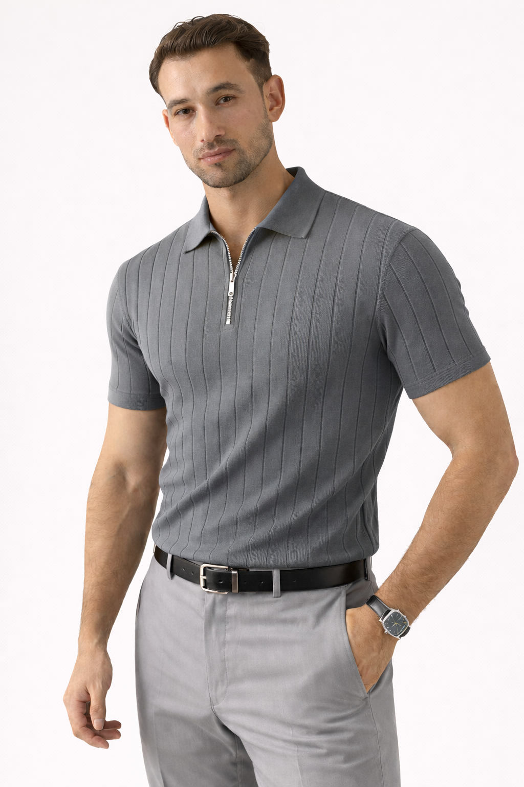 Steel Gray - Drop Needle Zipper Polo
