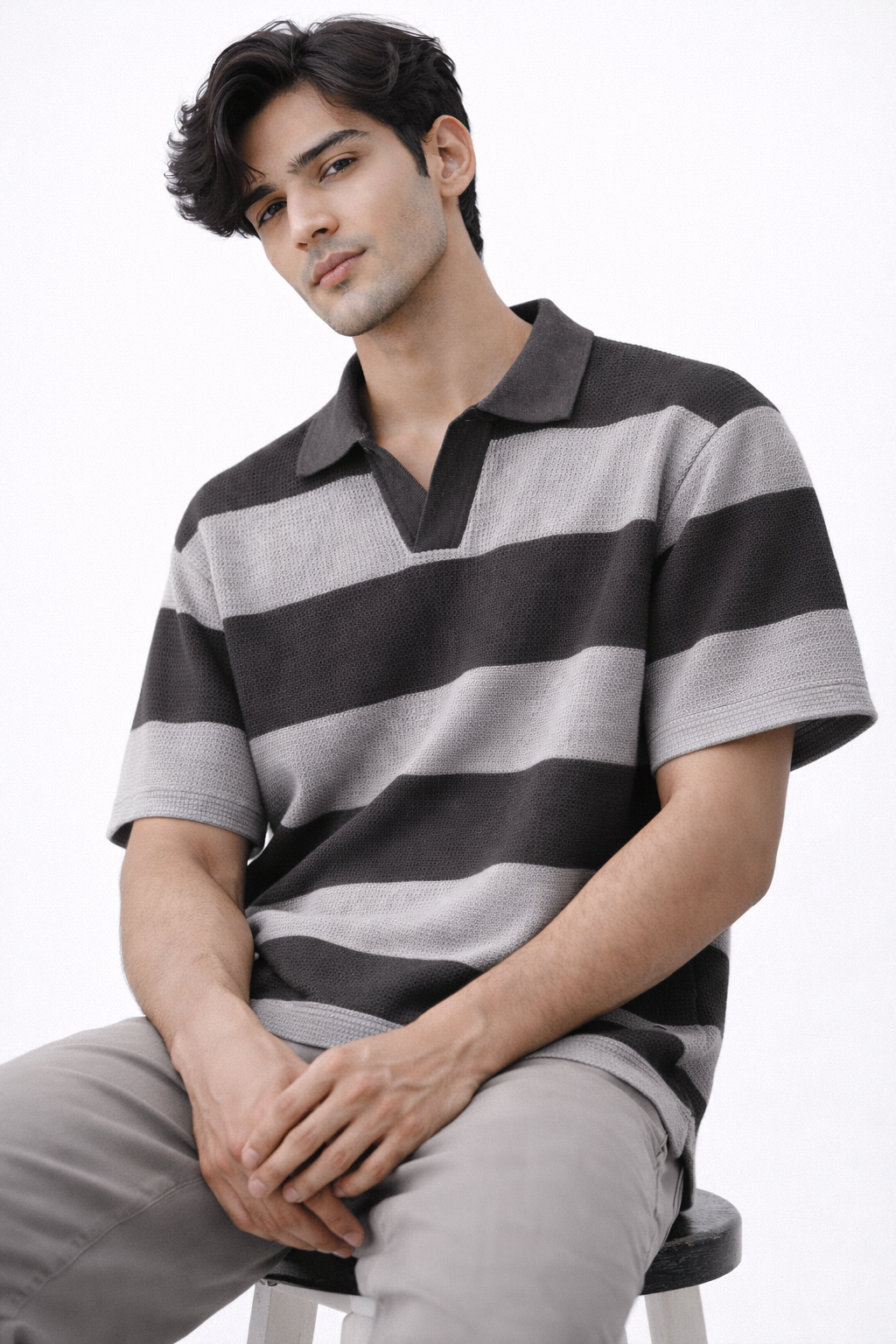 Waffle Knit Textured Stripe Polo – Oversized Fit