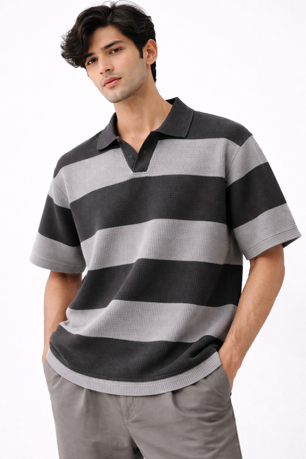Waffle Knit Textured Stripe Polo – Oversized Fit