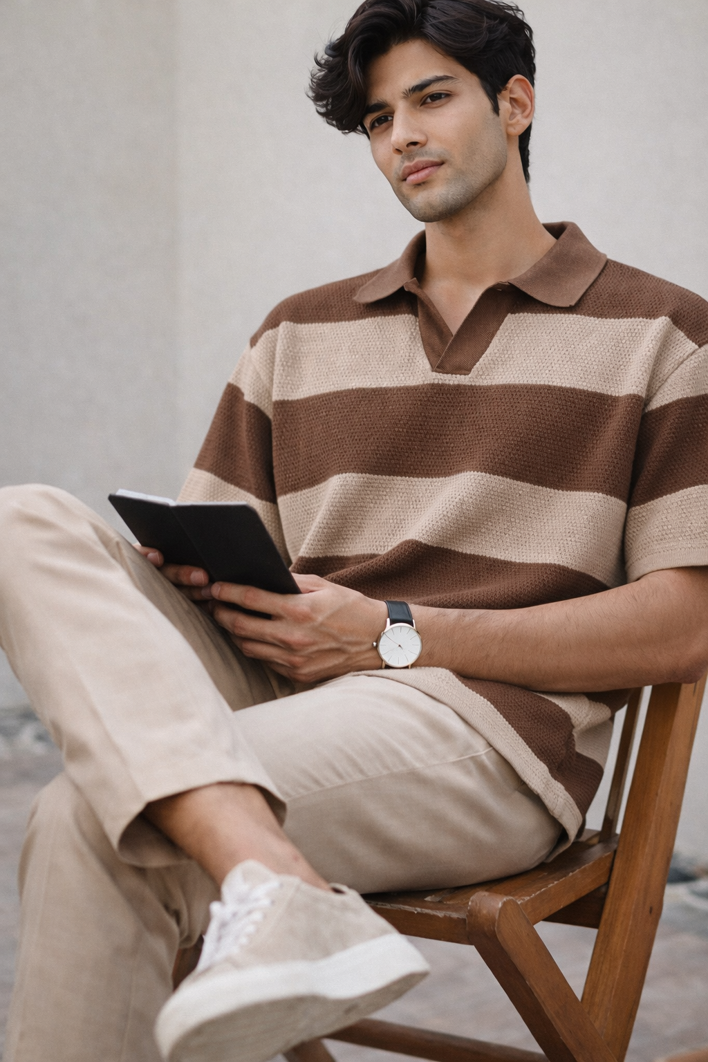 Waffle Knit Textured Stripe Polo – Oversized Fit