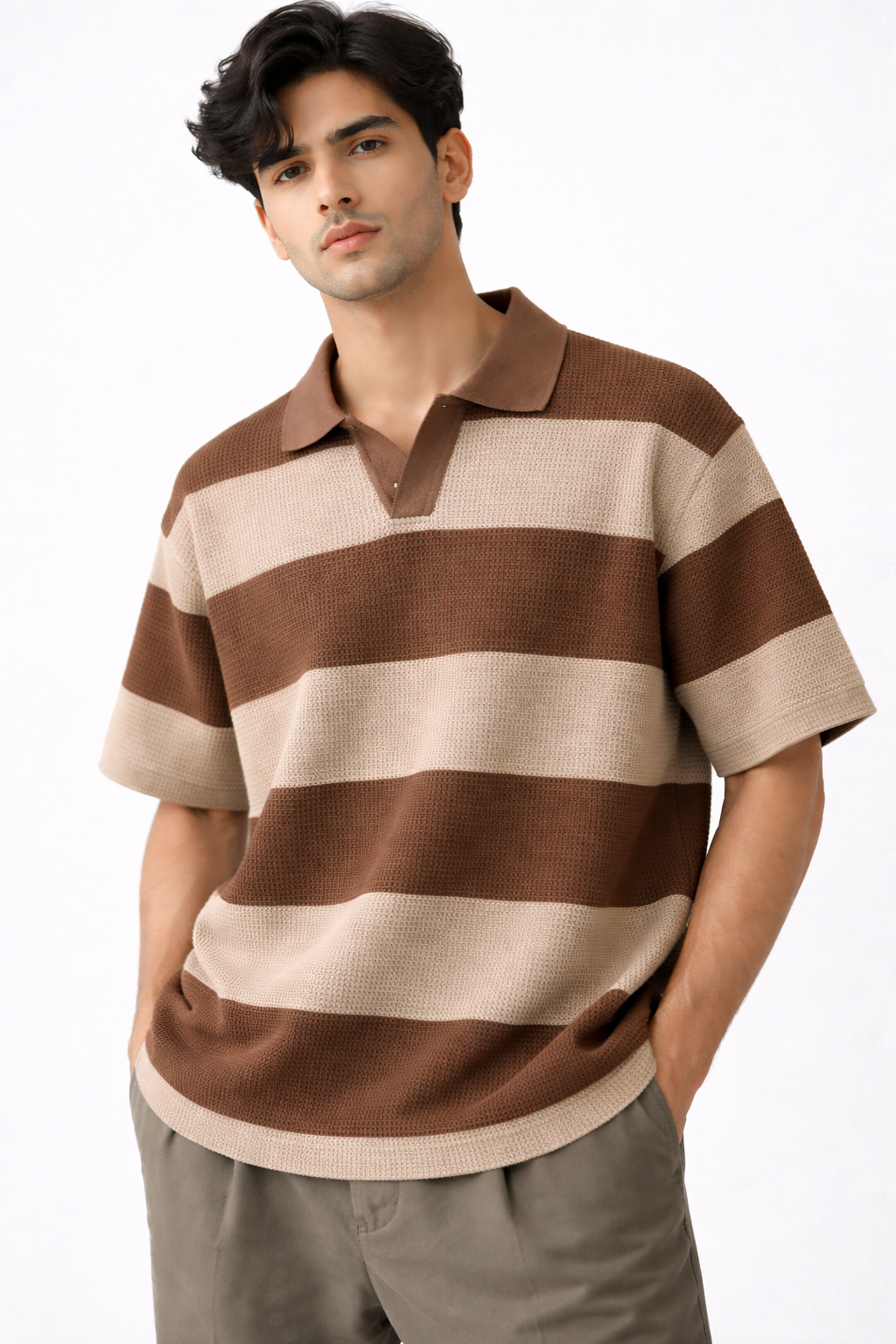 Waffle Knit Textured Stripe Polo – Oversized Fit
