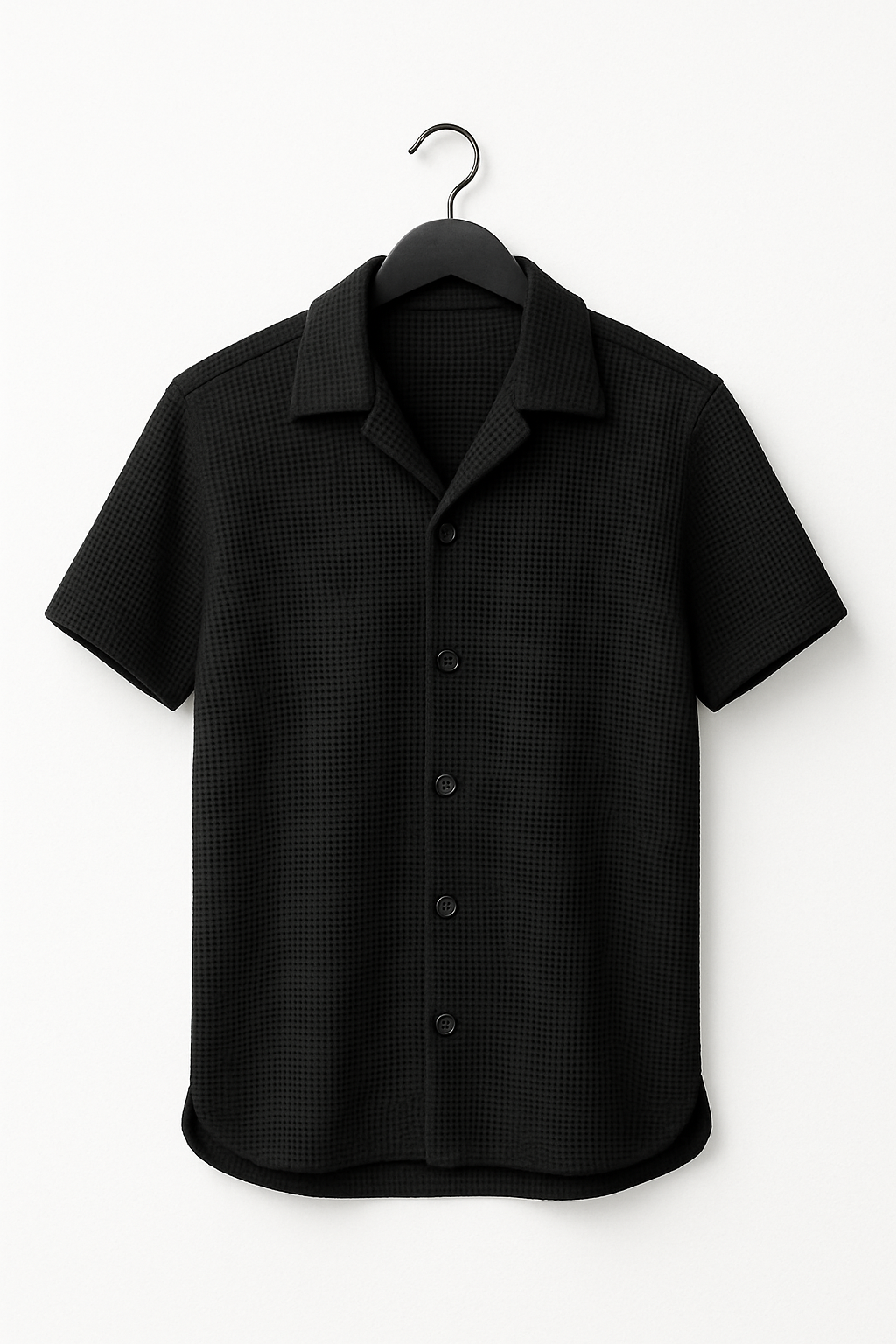 Black Waffle Knit Cuban Collar Shirt for Men