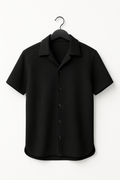 Black Waffle Knit Cuban Collar Shirt for Men