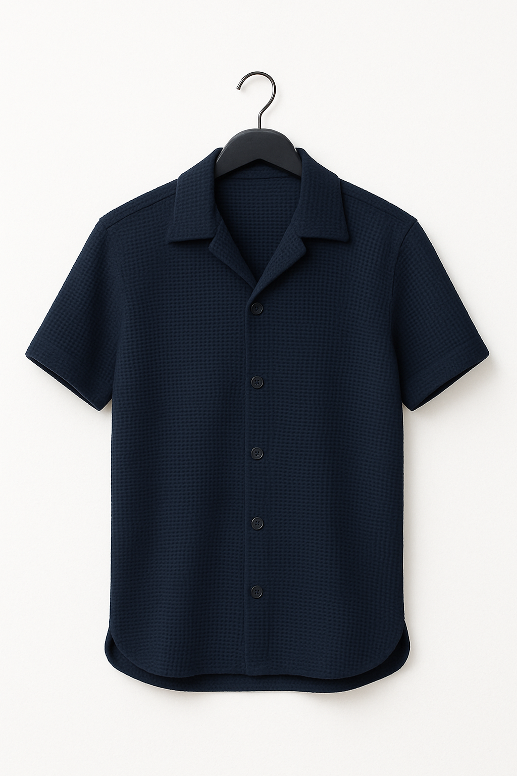 Navy Blue Waffle Knit Cuban Collar Shirt for Men