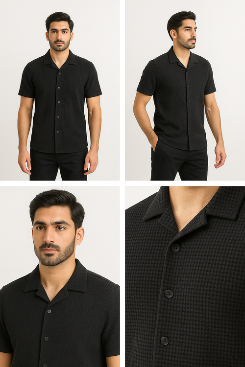 Black Waffle Knit Cuban Collar Shirt for Men