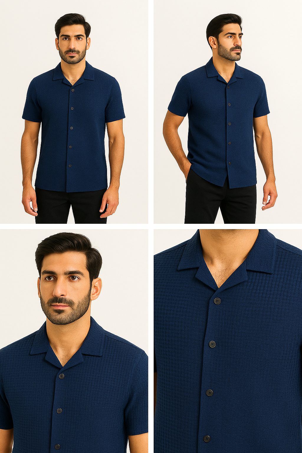 Navy Blue Waffle Knit Cuban Collar Shirt for Men