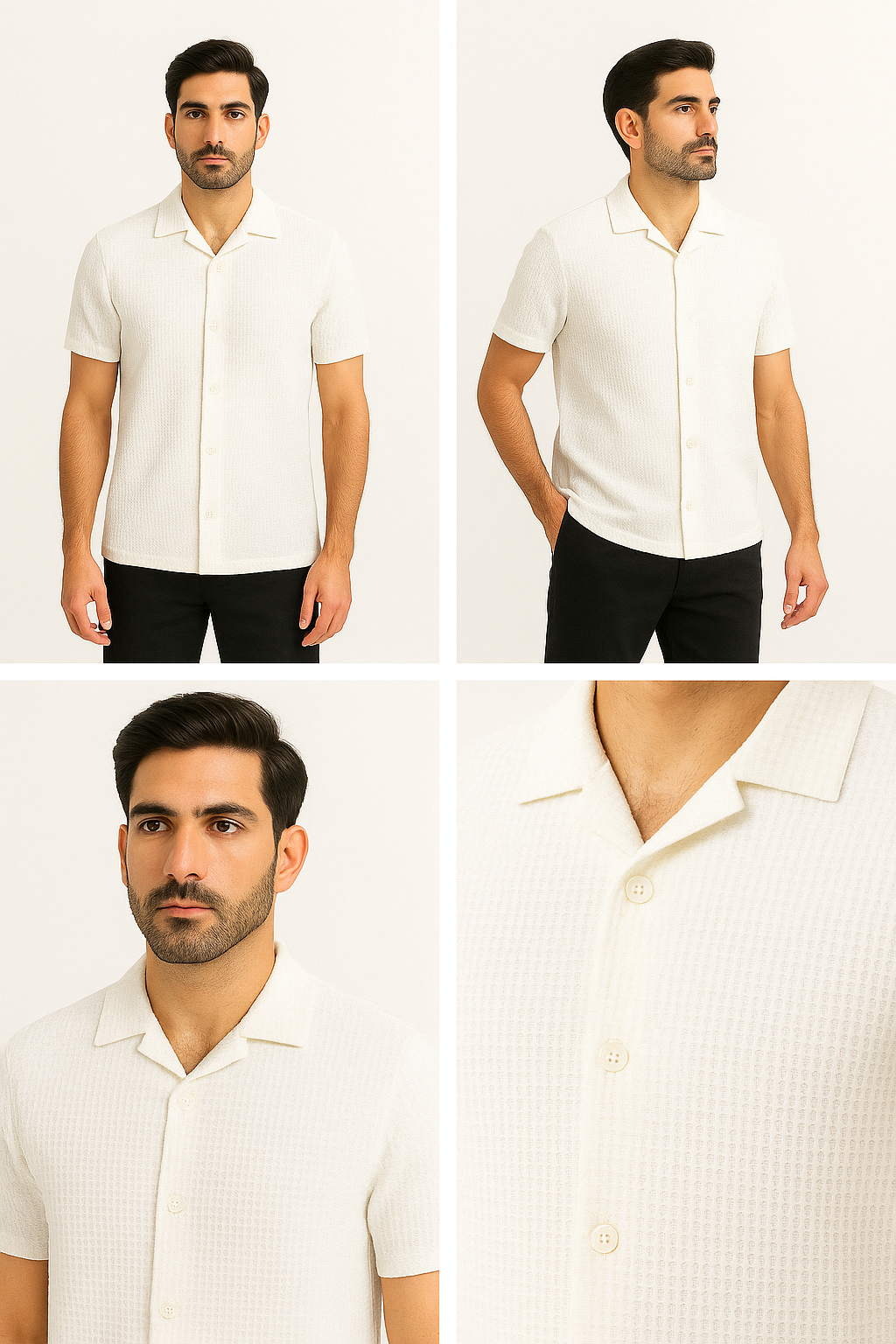 White Waffle Knit Cuban Collar Shirt for Men