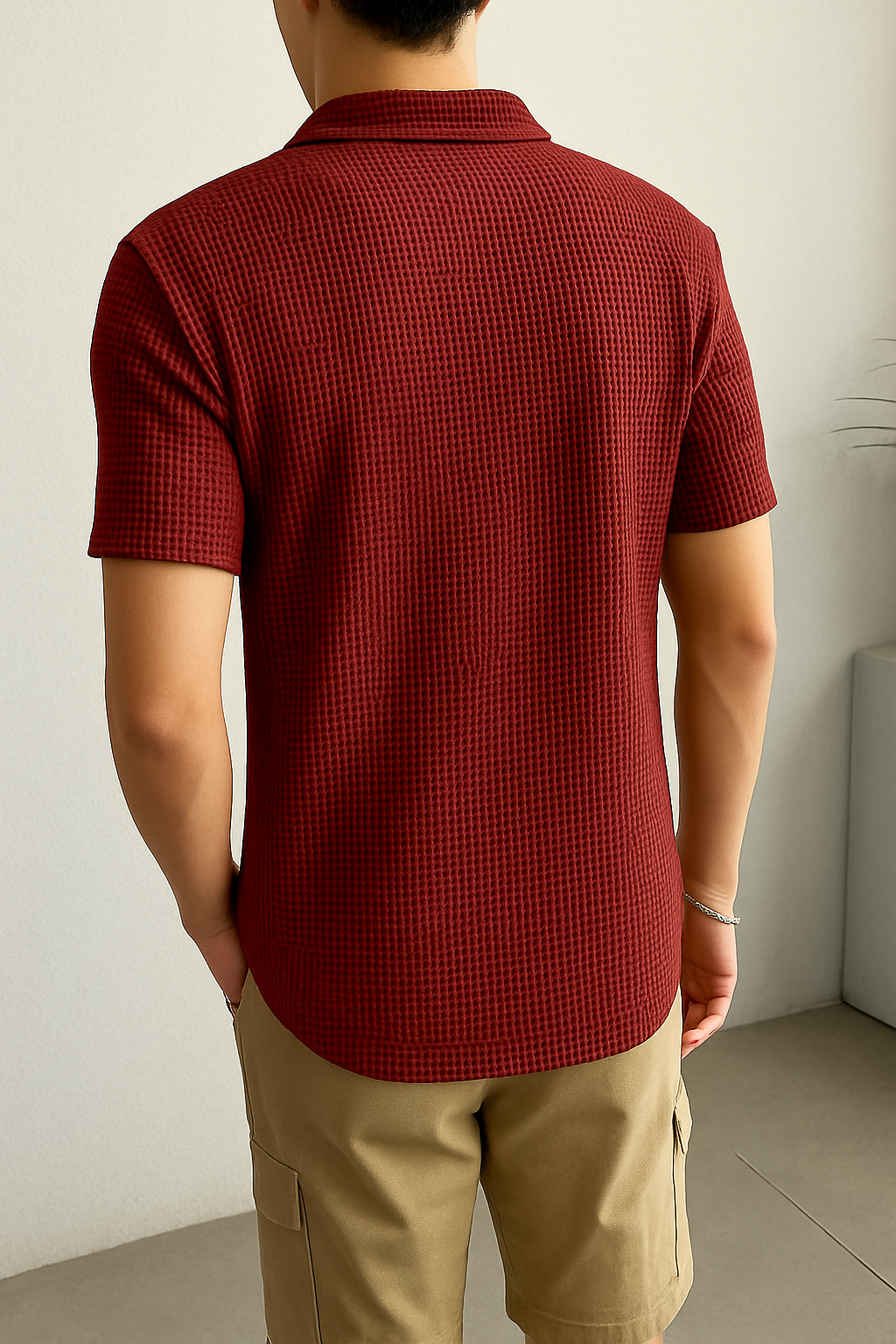 Waffle Knit Zipper Polo T-Shirt - Maroon