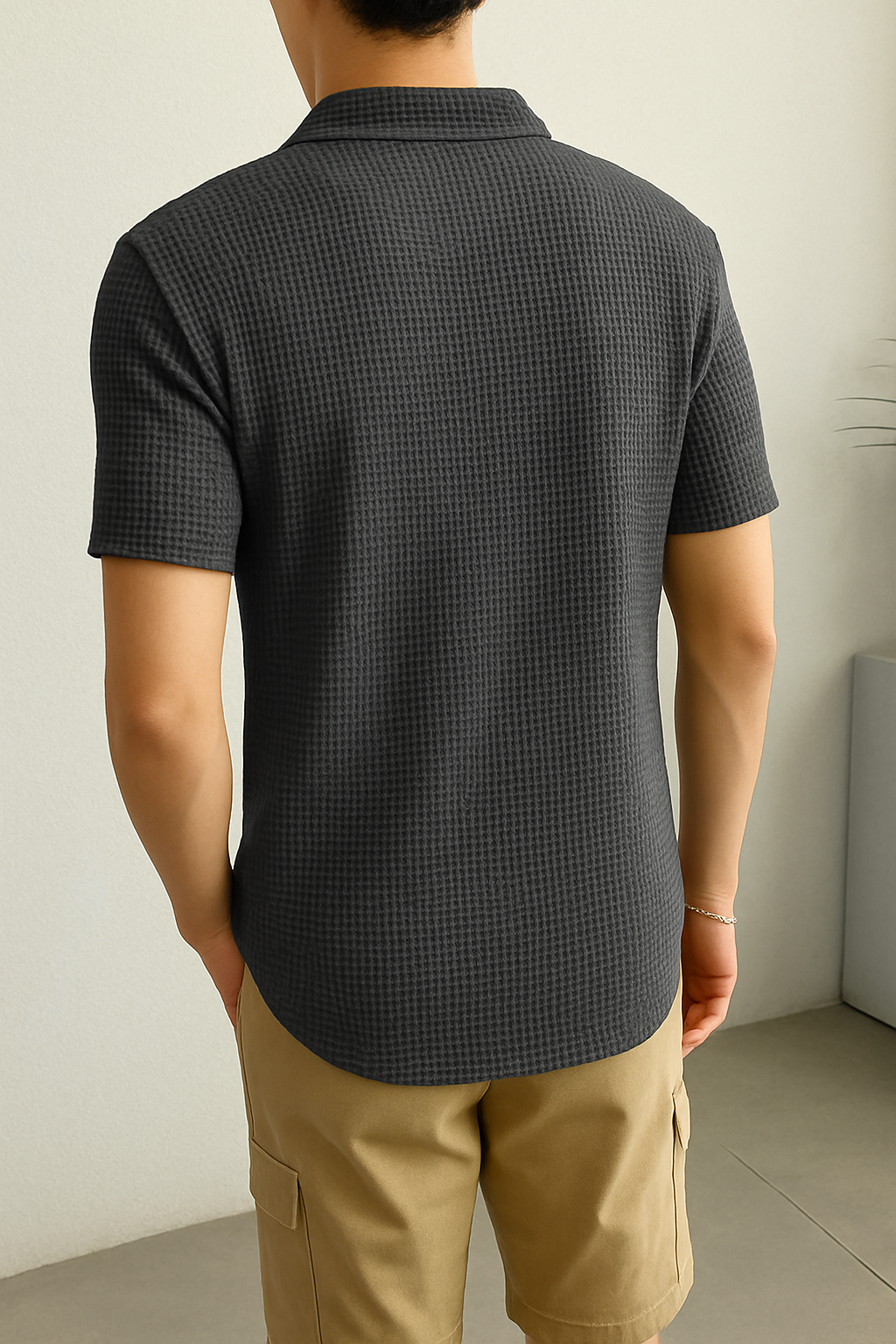 Waffle Knit Zipper Polo T-Shirt - Charcoal