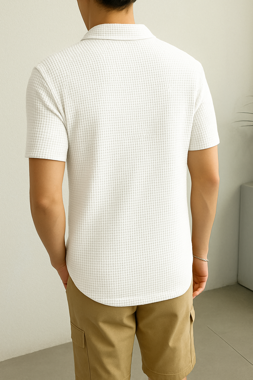 Waffle Knit Zipper Polo T-Shirt - White