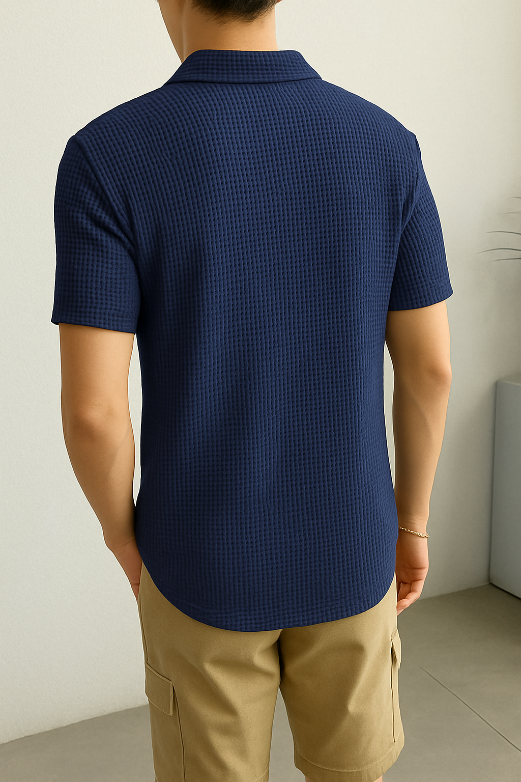 Waffle Knit Zipper Polo T-Shirt - Navy Blue