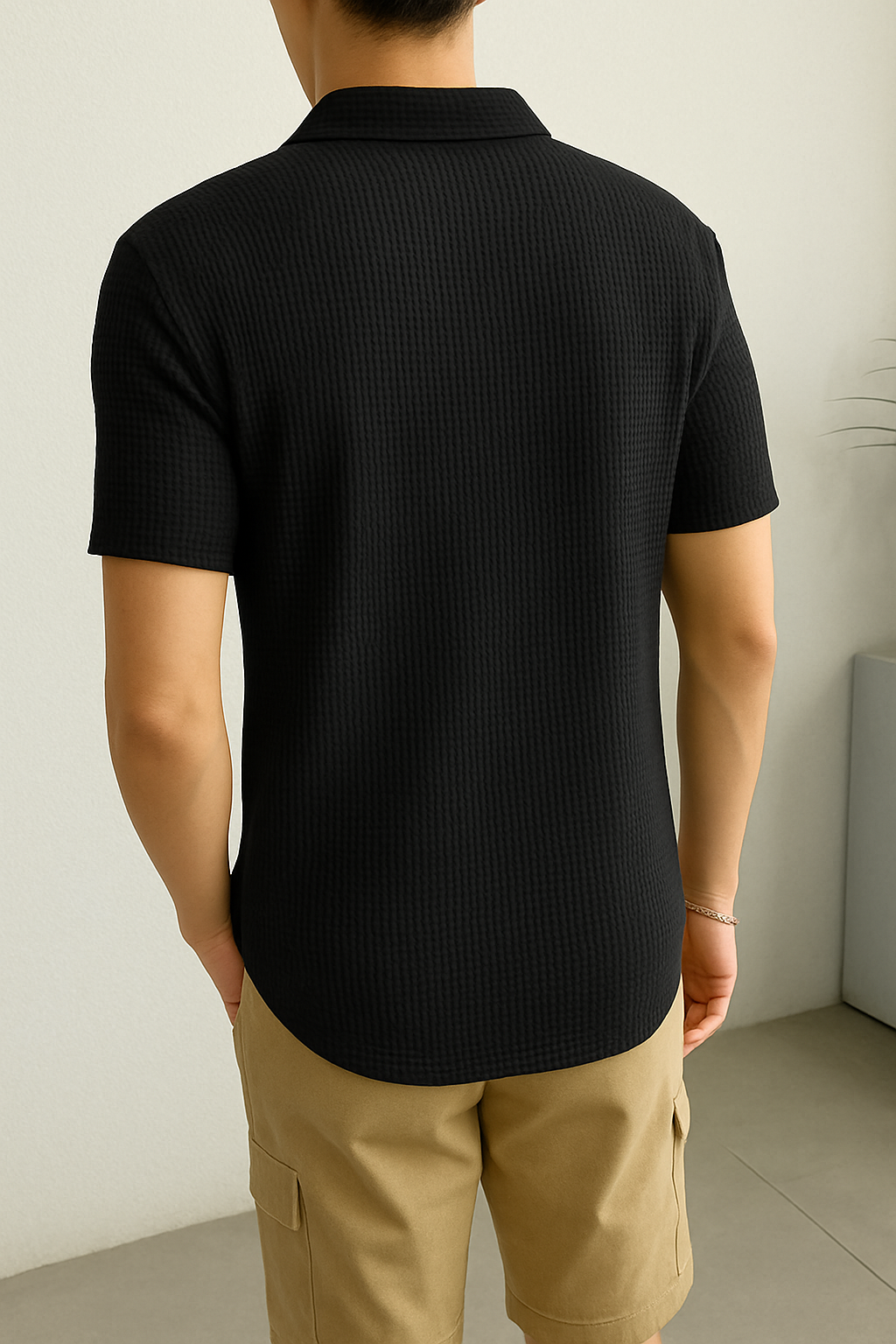 Waffle Knit Zipper Polo T-Shirt - Black