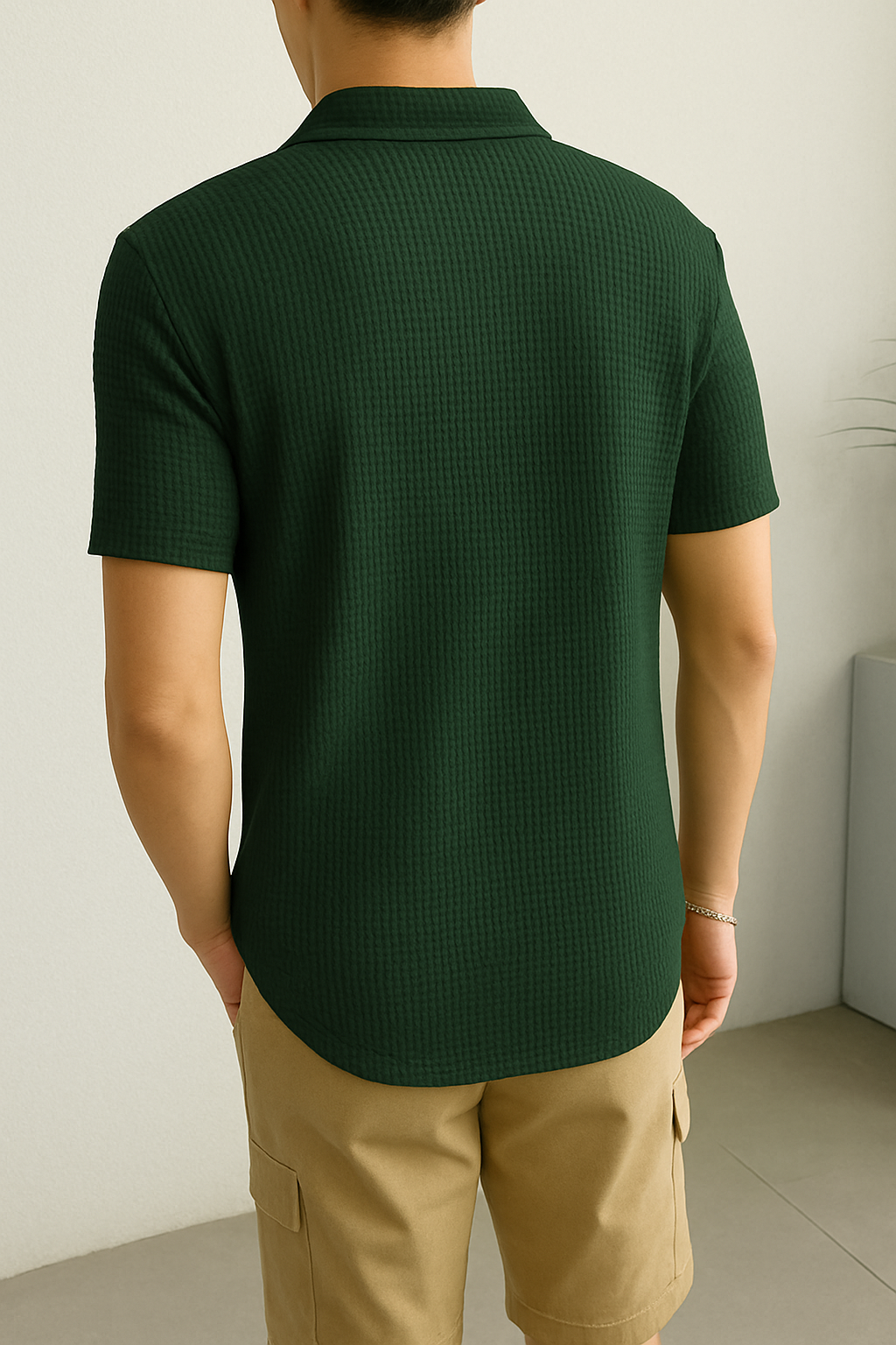 Waffle Knit Zipper Polo T-Shirt - Green