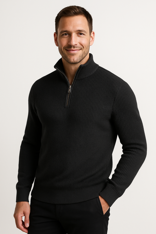 Black WaffleZip Mockneck