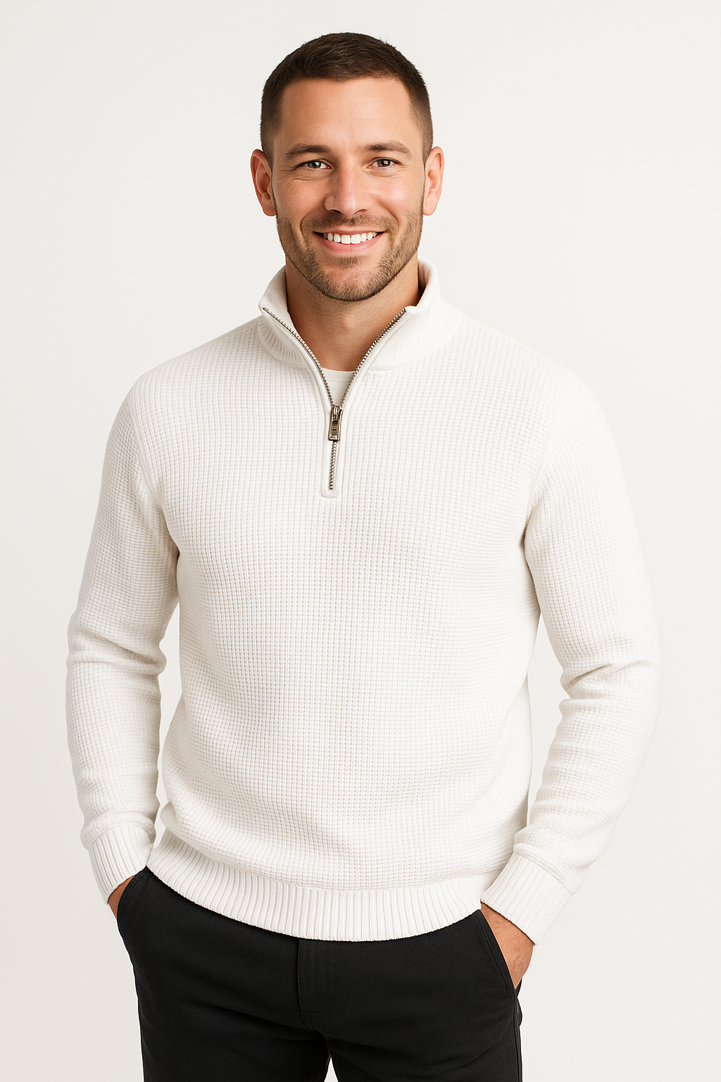 White WaffleZip Mockneck