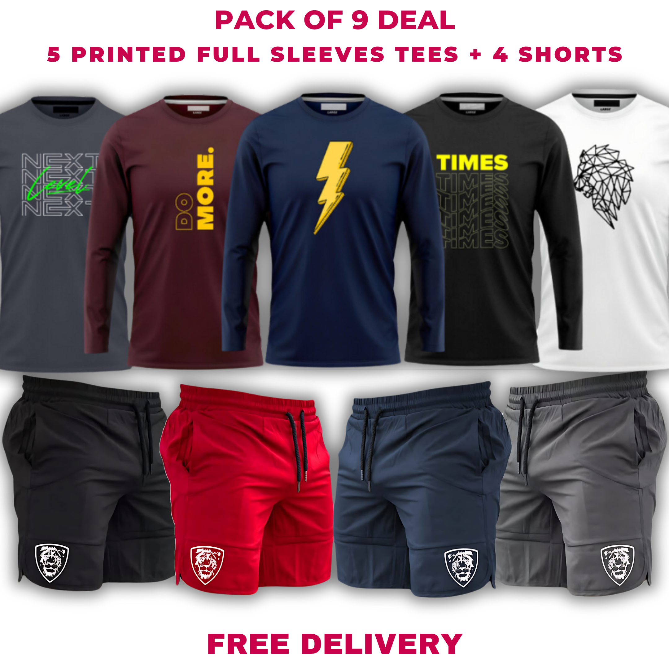 Pack of 9 Deal (5 Printed Full Sleeves T-shirts & 4 Shorts)