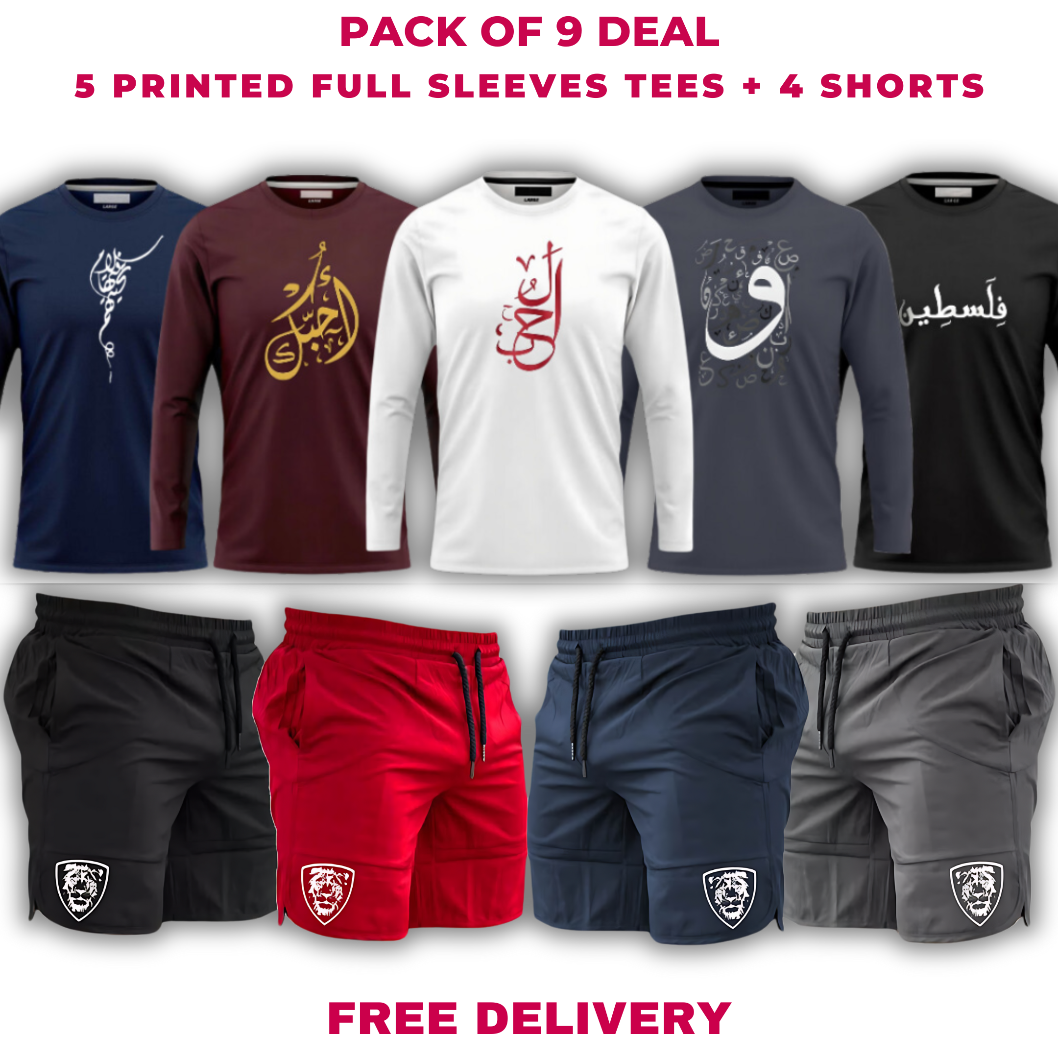 Pack of 9 Deal (5 Printed Full Sleeves T-shirts & 4 Shorts)