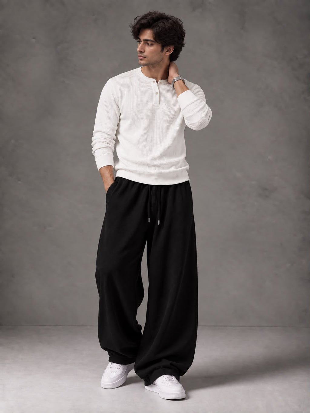 Waffle Knit Full Sleeves Henley & Baggy Trouser