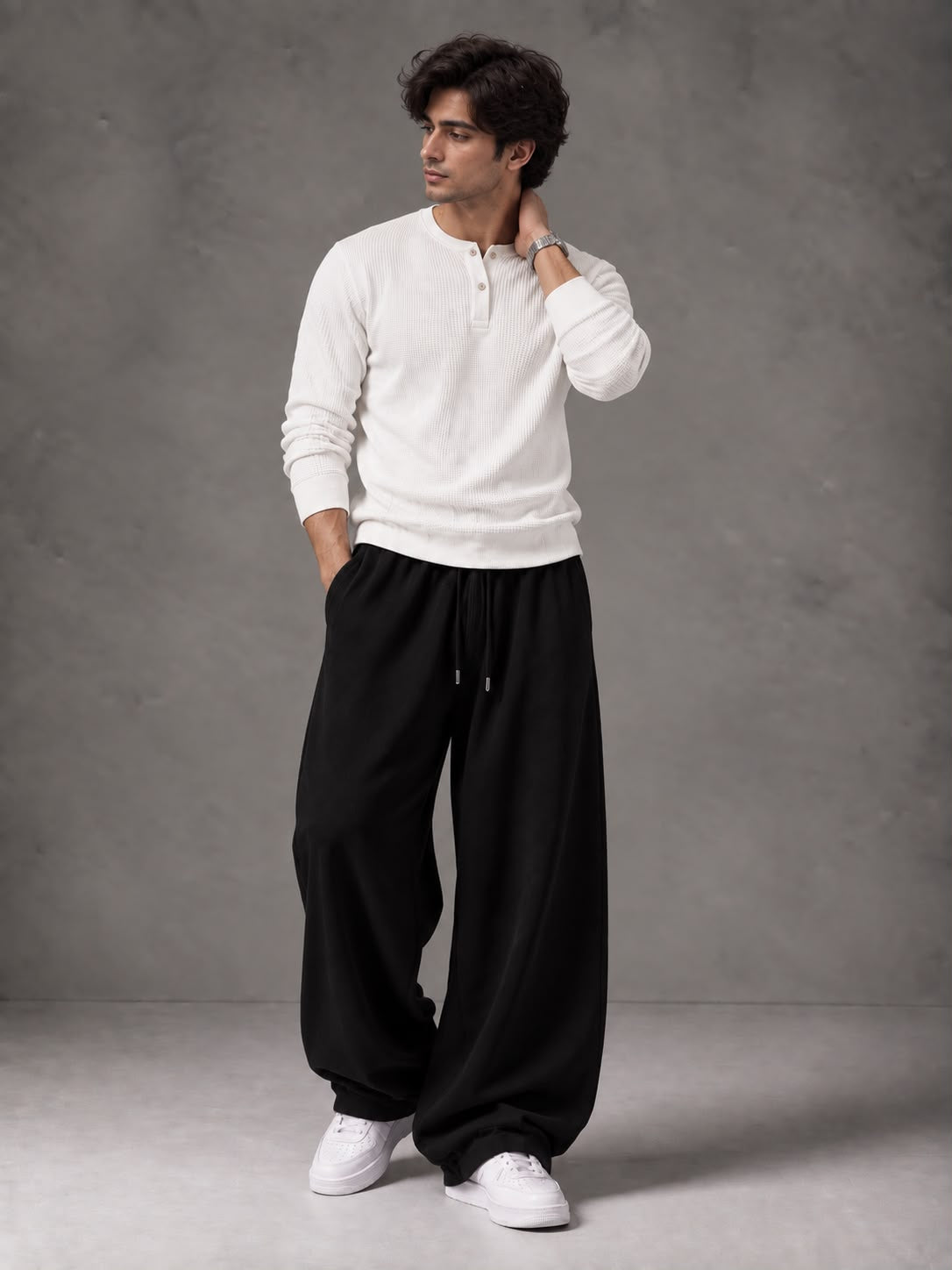 Waffle Knit Full Sleeves Henley & Baggy Trouser
