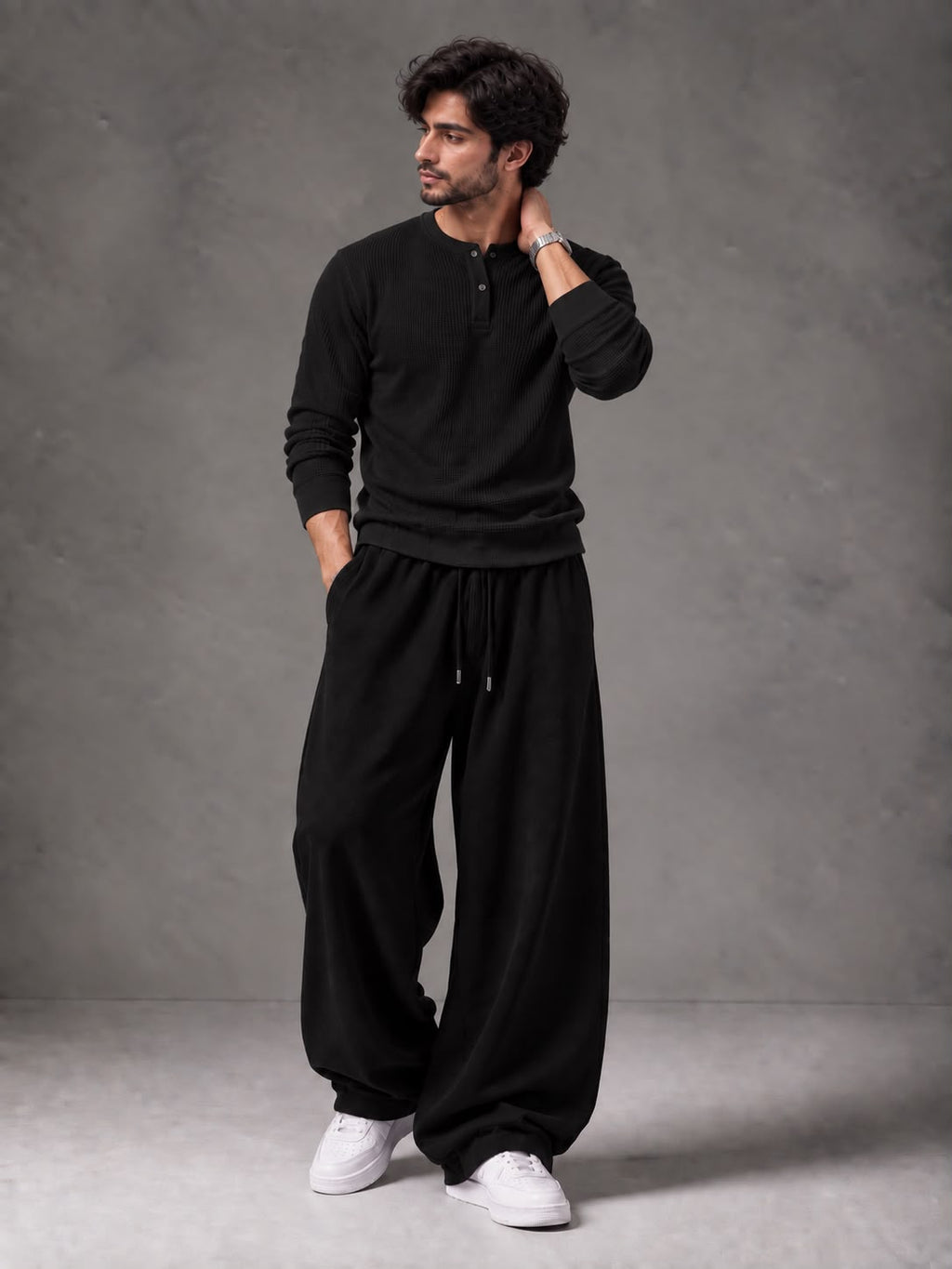 Waffle Knit Full Sleeves Henley & Baggy Trouser