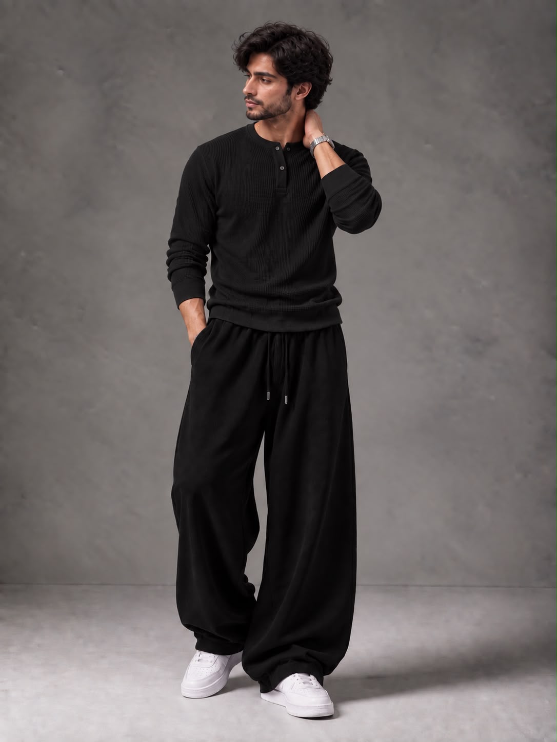 Waffle Knit Full Sleeves Henley & Baggy Trouser